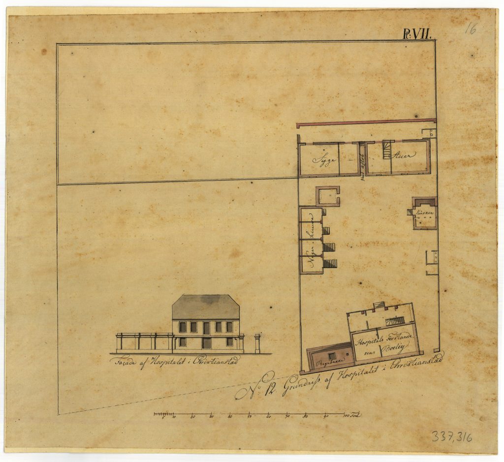 The drawing shows the hospital in Christiansted, St. Croix.
