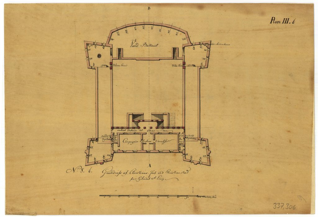The drawing shows the fort's main floor, where the commander had his rooms in the main wing.