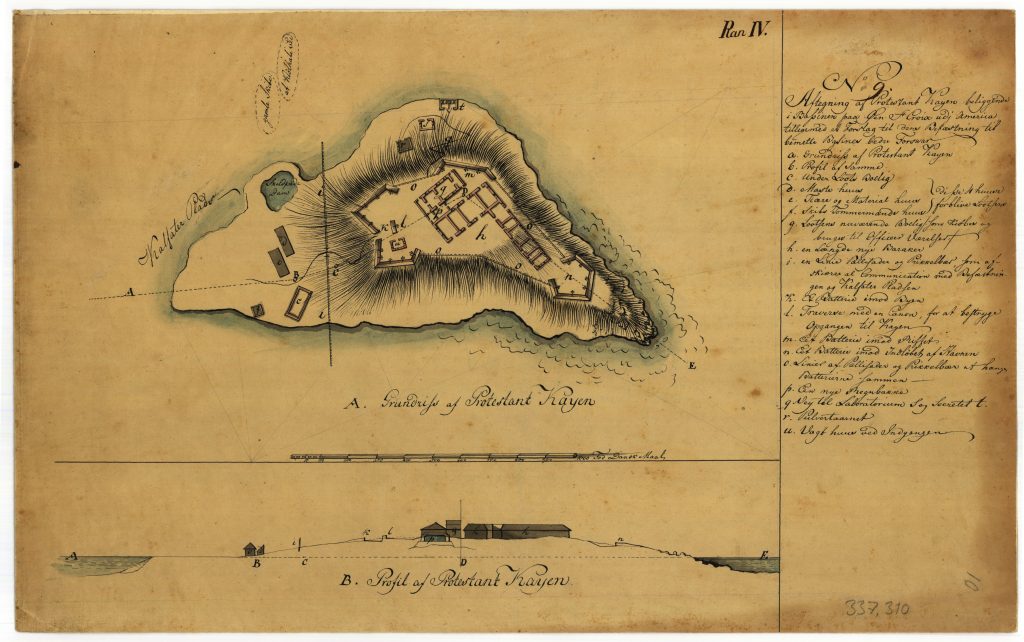 Oxholm's plan for construction of entrenchments on Protestantkajen (Protestant Cay), the small islet in Christiansted harbor.