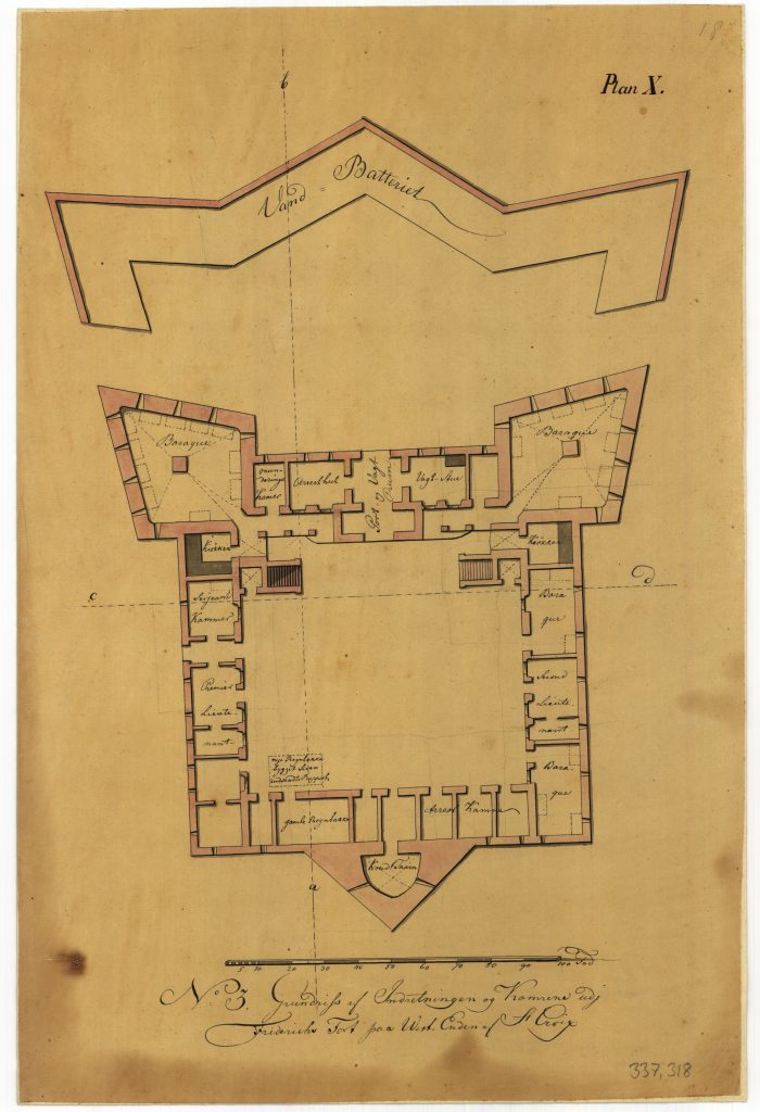 Ground plan of the ground floor in the fort with coastal battery in front.