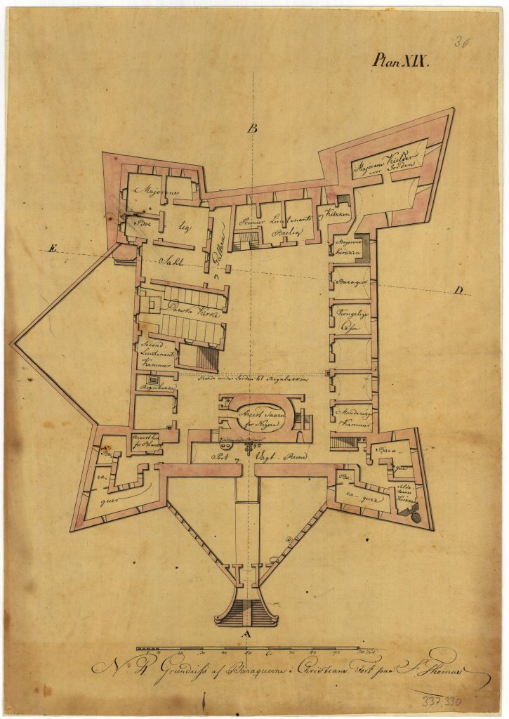 The drawing shows the layout of the ground floor in Christiansfort.