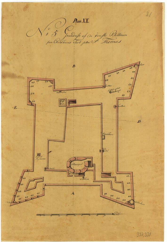 The drawing shows the uppermost batteries at Christiansfort itself. 