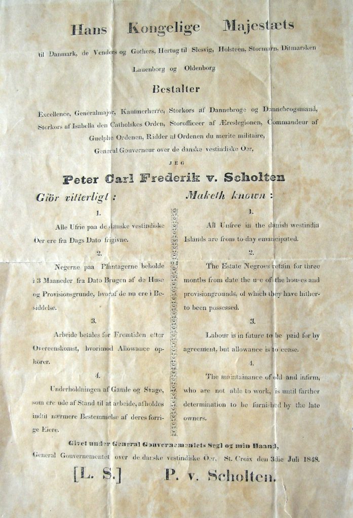 Plakat af Peter von Scholtens offentliggørelse af slavefrigørelsen.