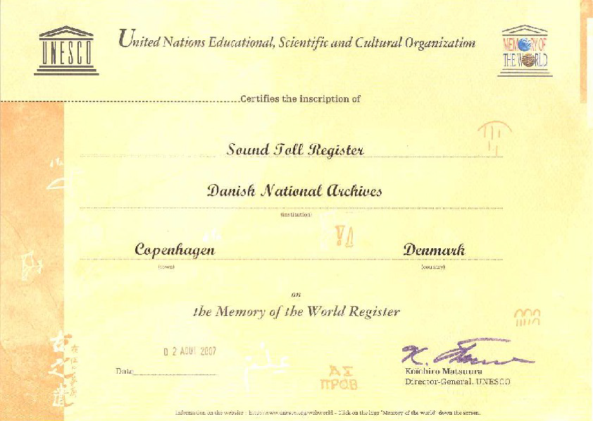 Diplom, udstedt af UNESCO’s generaldirektør.