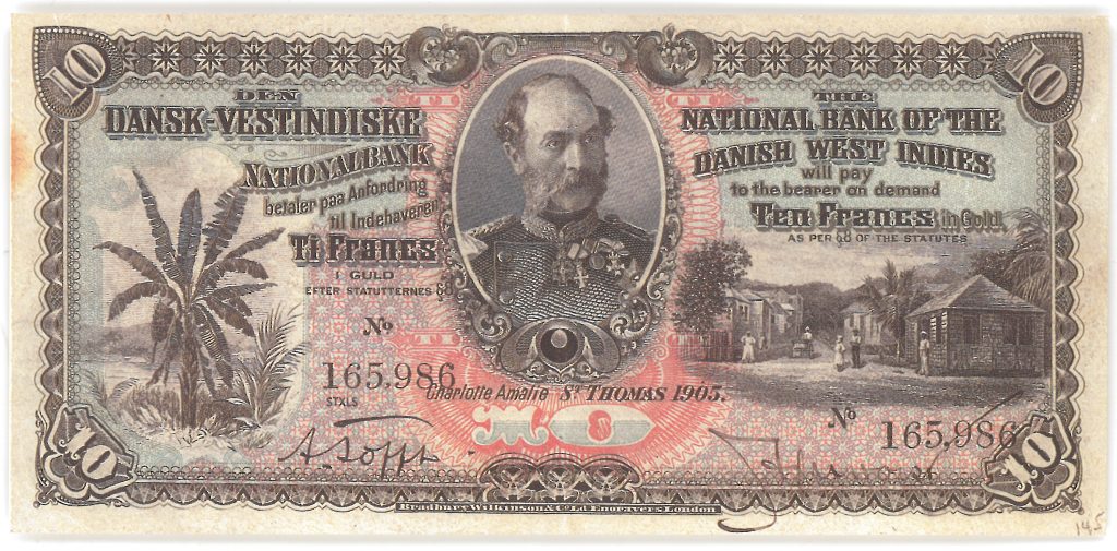 Picture of banknote issued by the Danish-West Indian National Bank in 1905.