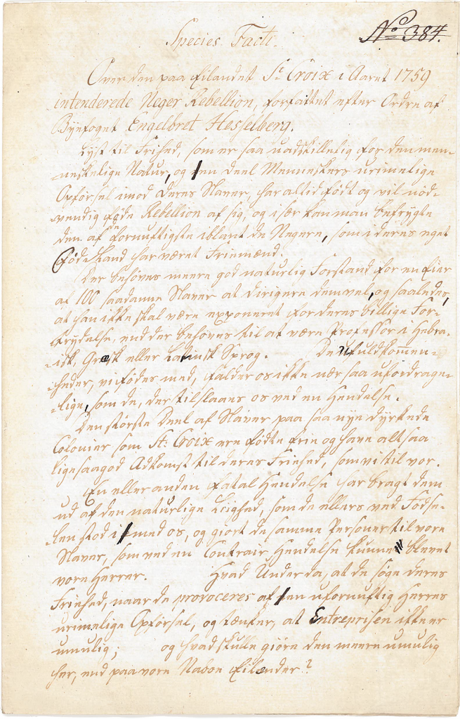 Første side af byfoged Engelbret Hesselbergs beretning om det planlagte oprør på St. Croix i 1759.