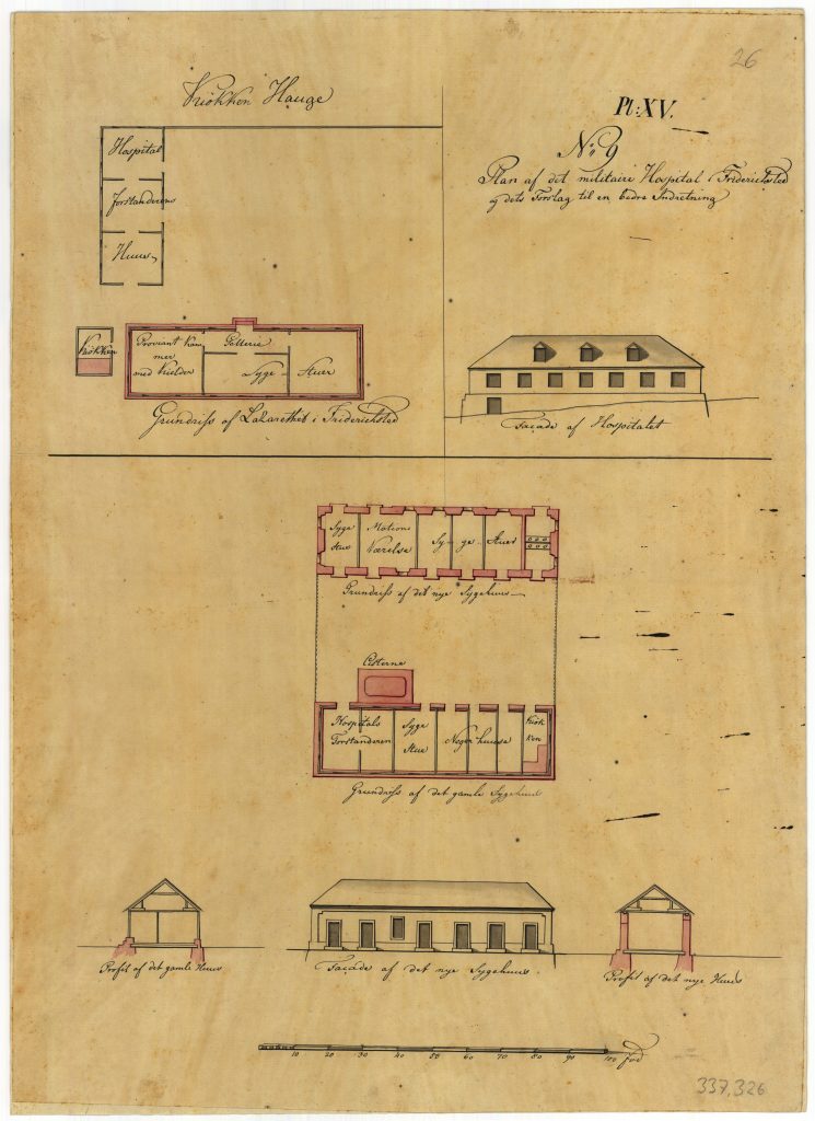 The military hospital in Frederiksted, c. 1778, drawn by Peter Lotharius Oxholm.