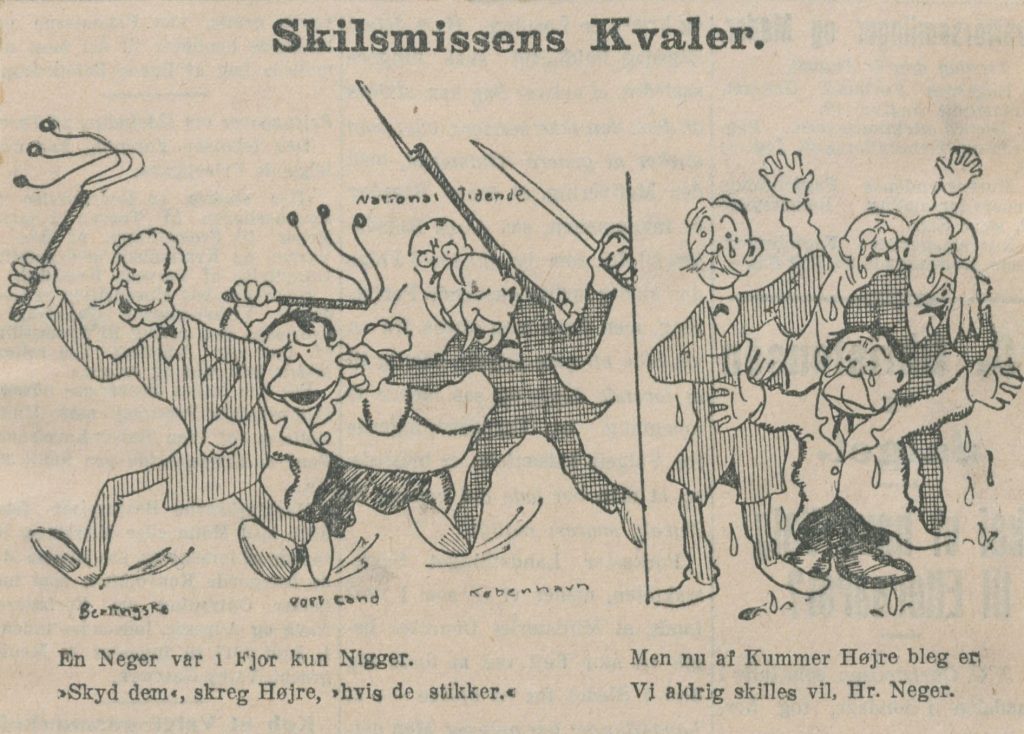 Caricature of The right of centre press change their opinion about the sale of the islands.