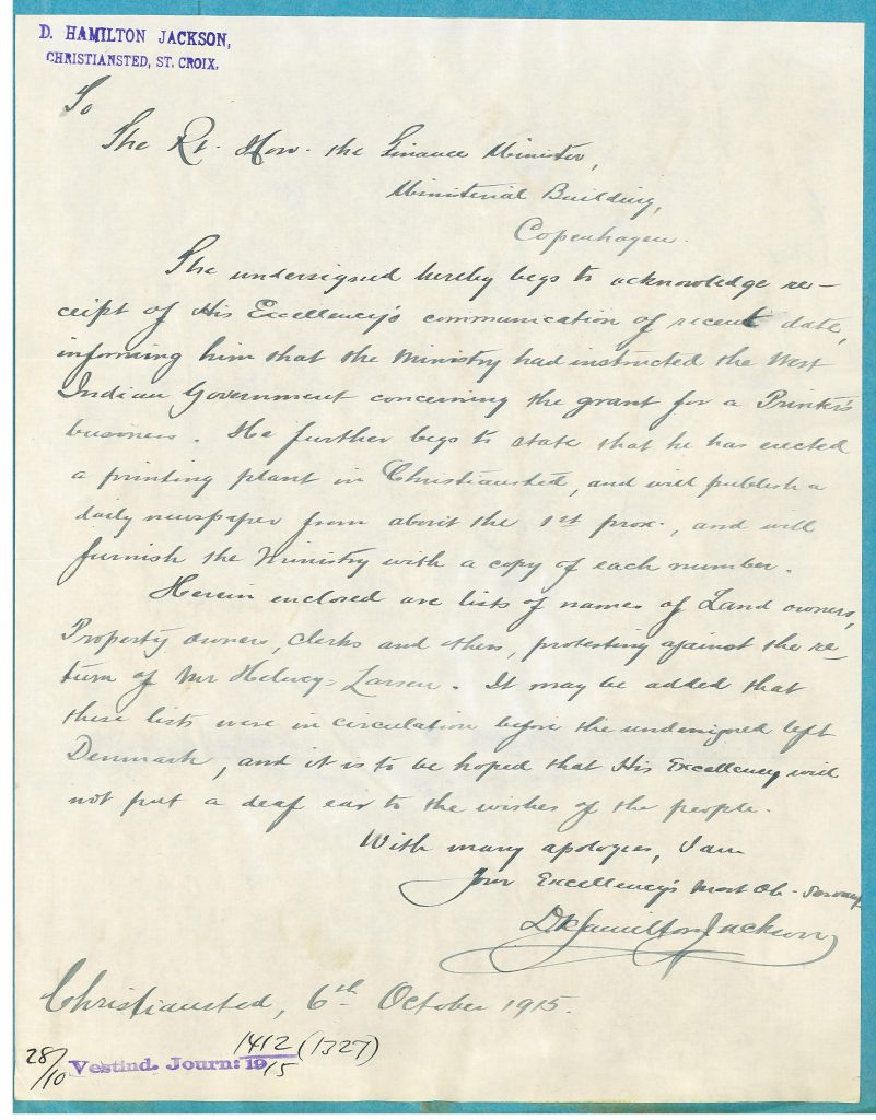 An example of a letter sent on October 6, 1916, from David Hamilton Jackson to the Danish Minister of Finance, Edvard Brandes. (Danish National Archives).